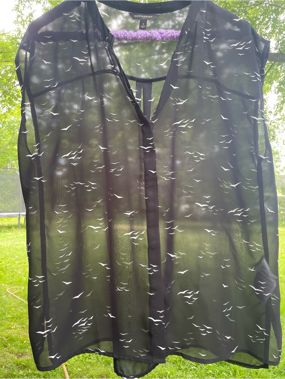 Banana Republic Factory Black Sheer V-Neck Blouse with White Bird Print